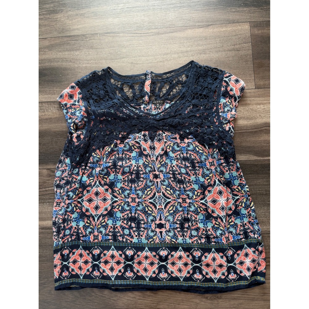 Hannah Navy Blue Medallion Print Crochet Lace Yoke Boho Blouse Top XL